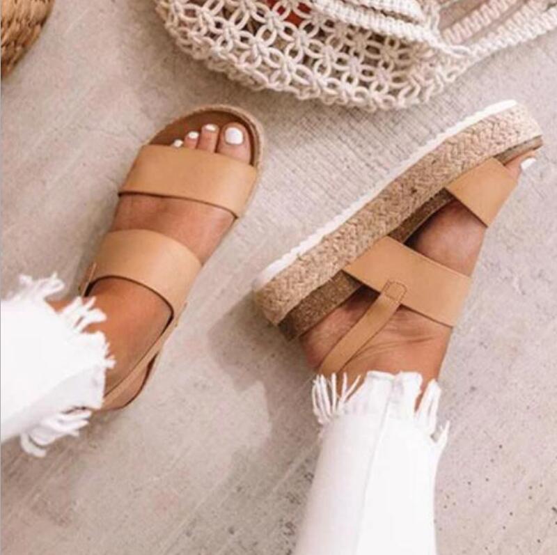 

women summer beach sandals 2020 NEW high heels shoes gladiator comfortable plus size shoes casual wedge cork shoes woman C0309, Black
