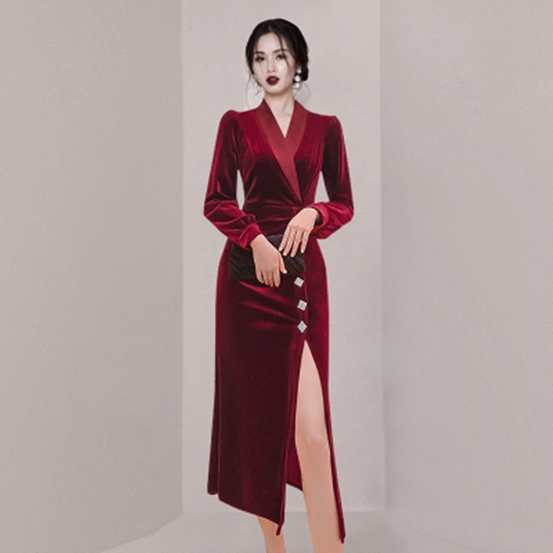 

ZAWFL HIGH QUALITY Fashion Designer Runway Dres' Long Sleeve Satin Patchwork velvet 210603, Picture color