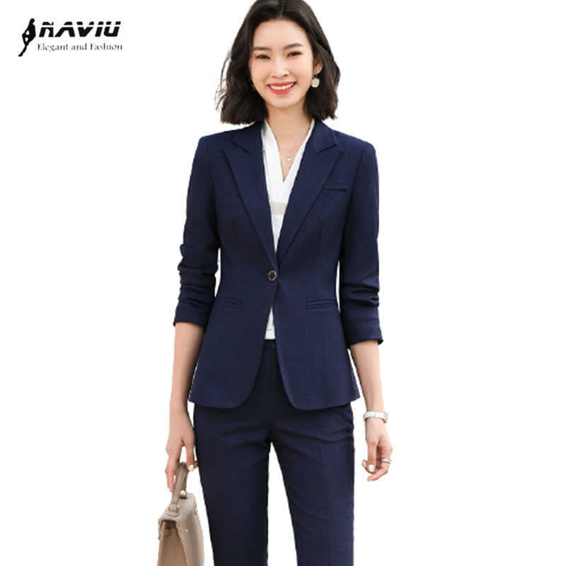 

High End Business Suit Spring Fashion Temperament Formal Interview Slim Blazer And Pants Office Ladies Work Wear 210604, Navy cpat and pants