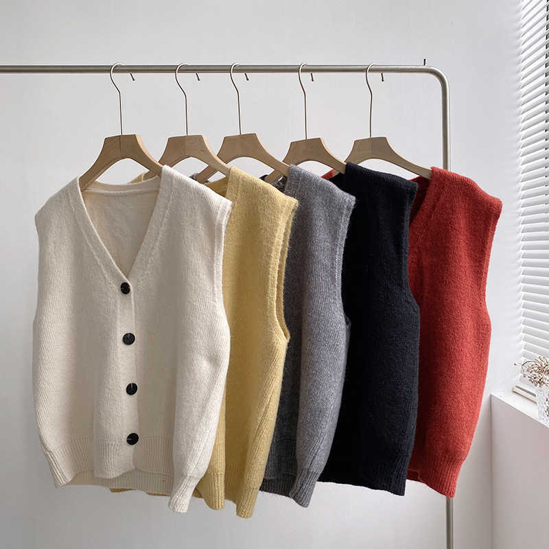 

Spring Korean V-neck 5-color Loose Knitted Vest Women Casual Button Oversized Sweater Outside Wearing 210607, Yellow