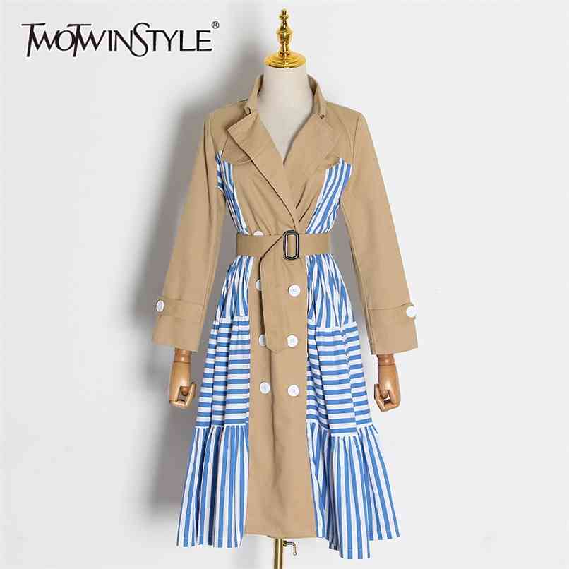 

TWOTYLE Casual Patchwork Striped Trench Coat Female Lapel Collar Long Sleeve High Waist Lace Up Windbreaker Women 210826, Khaki