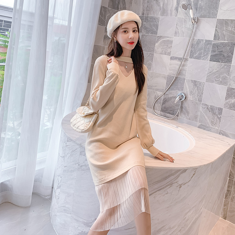 

2021 New 2000 Autumn Winter Women Es Knitted Straight Fashion Prairie Chic Elegant Casual Solid Midi Female V-neck Plus Size Ue6x, Black