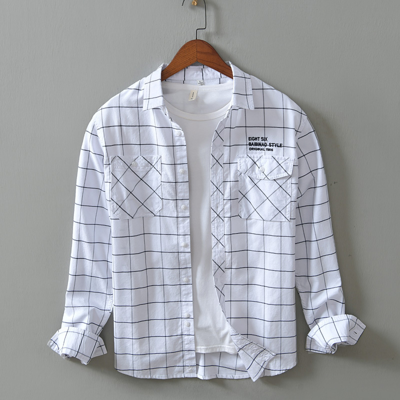 

2021 New Young Casual Male Vitality Button Down Plaid Shirt Patched Pocket Long Sleeve Comfortable Sleeve-fitting Cotton Shirts Y3468 Uxn8, White