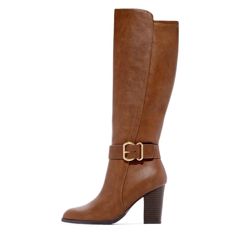 

Boots Pu Leather Women Knee High Autumn Winter Buckle Strap Chunky Heels Ladies Shoes Platform Vintage Female Long, Brown
