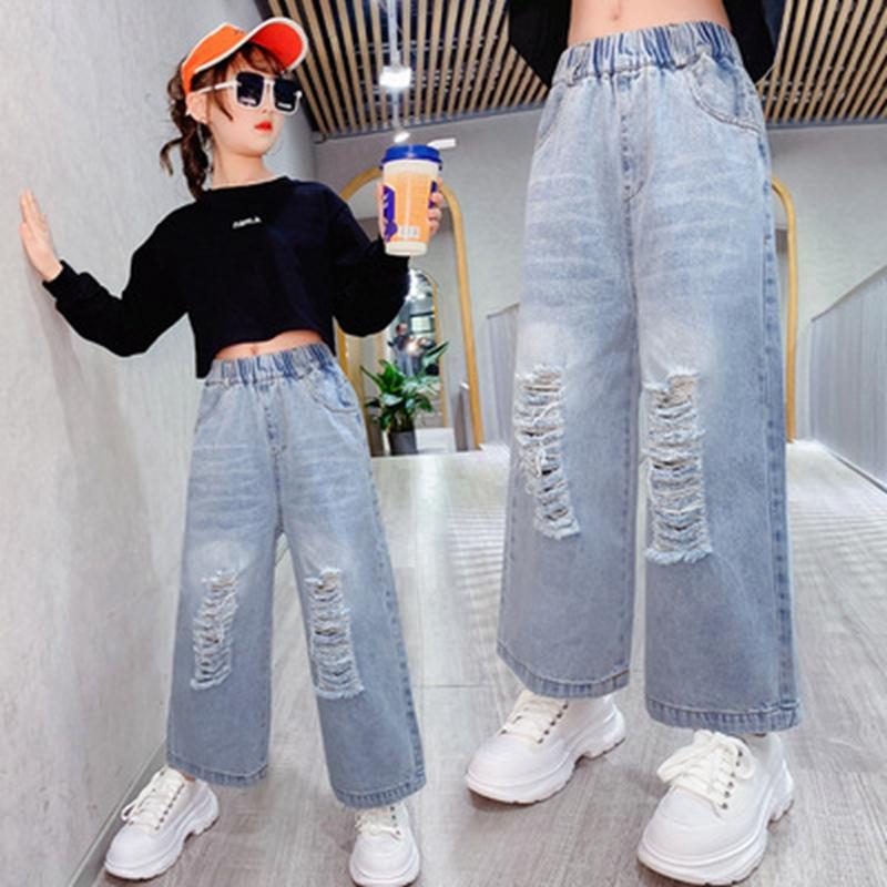

Jeans Girls Ripped For Kids Spring Autumn Trousers Fashion Korean Style Vintage Hole Wide Leg Denim Pants 4-14Year Old