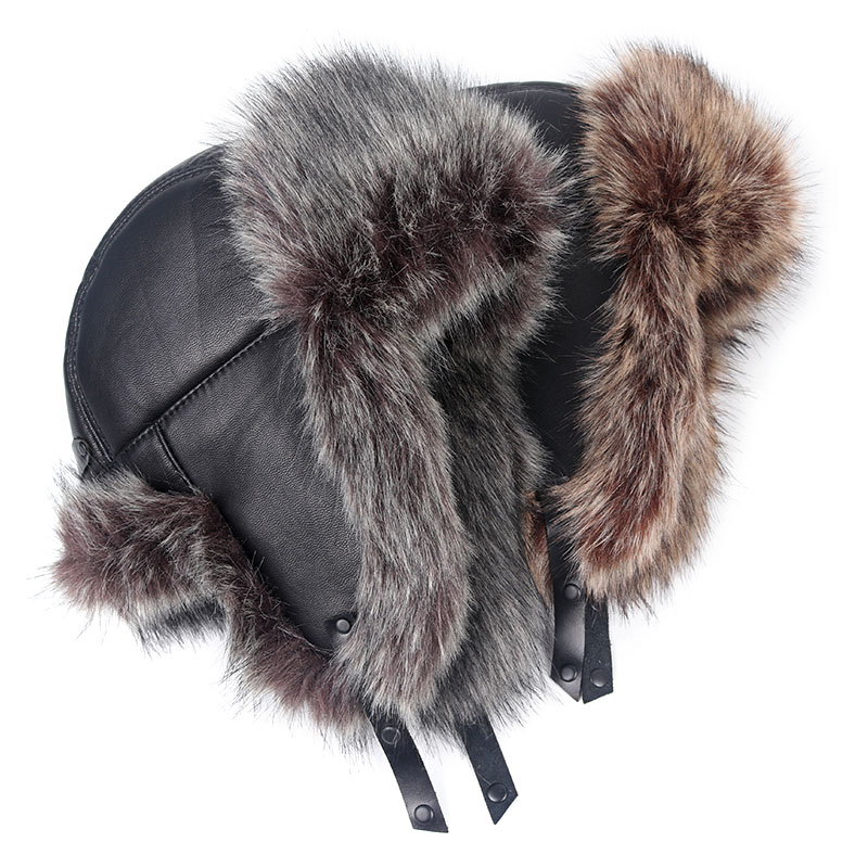 

Leather Bomber Hat Men 2021 Warm Winter Faux Fox Fur Hats With Earflaps Mens Pilot Hat Russian Ushanka Snow Cap, Black