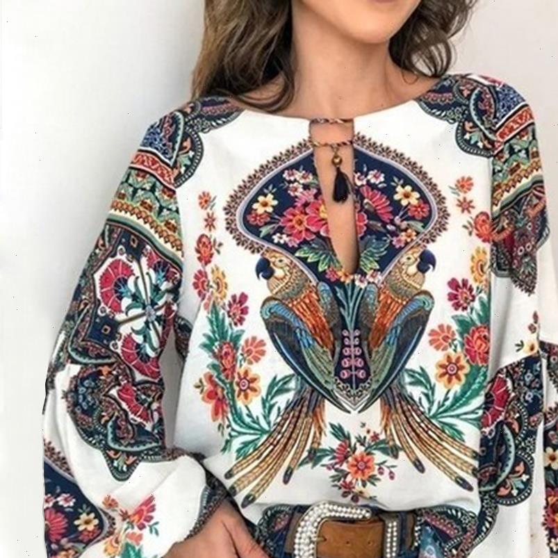 

2021 Women Bohemian Clothing Plus Size Blouse Shirt Vintage Floral Print Tops Ladies S Blouses Casual Blusa Feminina, White
