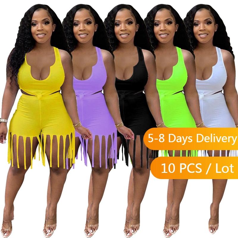 

Women' Tracksuits Bulk Items Wholesale Lots Women 2 Piece Set Tank Top And Tassels Shorts Casual Skinny Club Outfits For Summer Clothes, Black