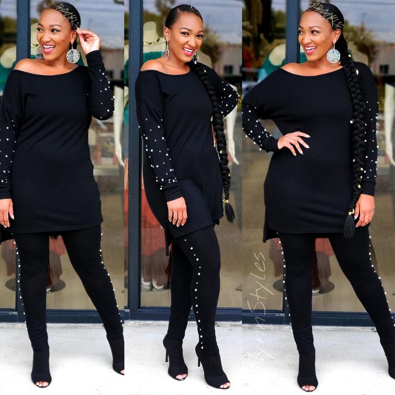 

Women's Two Piece Pants Plus Size 5XL 2 Set Women Outfits Pearls Loose Top And Sets Pesrls Strethy Tracksuit Wholesale Drop FT191, Black