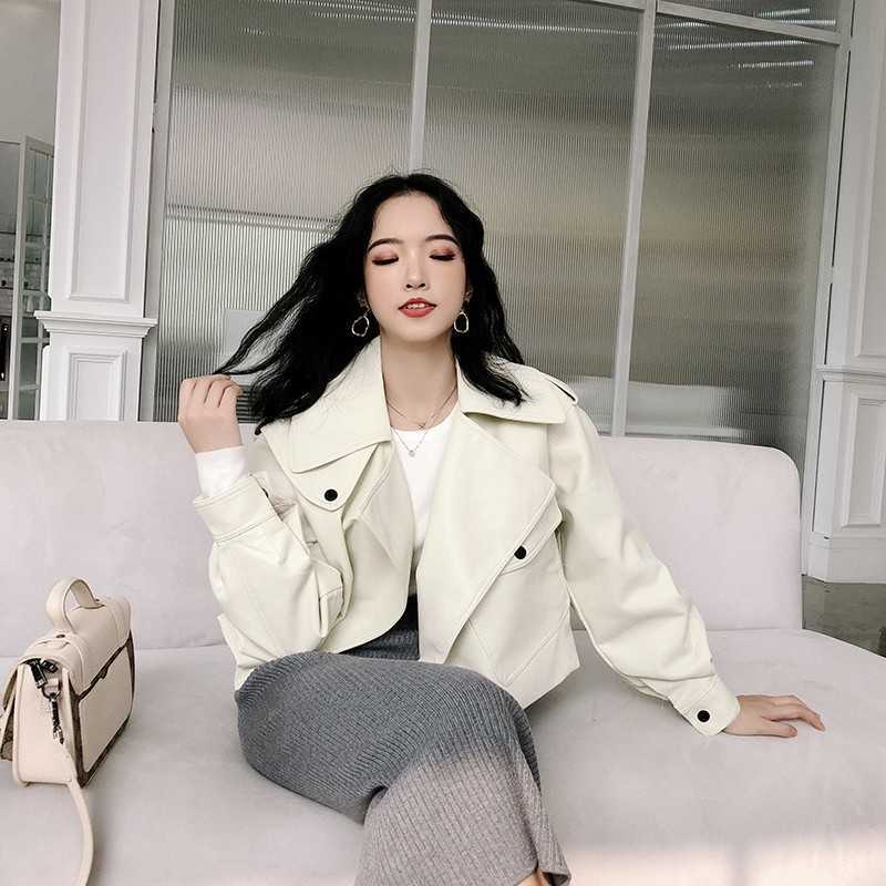 

LY VAREY LIN Spring Autumn Women Vintage Faux Soft Leather Short Jacket Loose Turndown Collar Casual Motorcycle Outwear 210526, Black