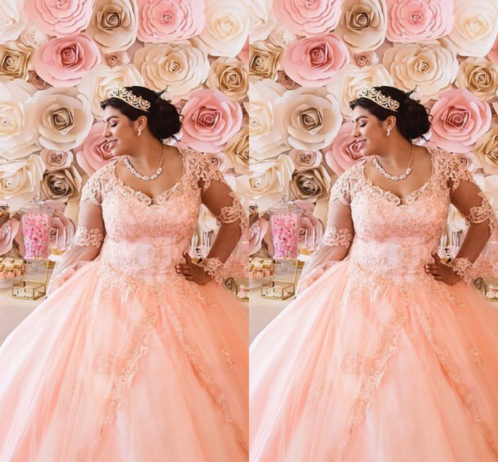 

2022 Romantic Blush Pink Plus size Quinceanera dresses Ball Gown Illusion Long Sleeves Lace Applique Juliet Tulle Evening Formal Dress, Purple