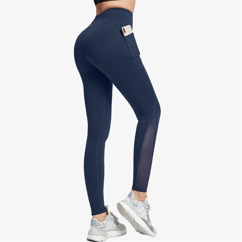 

Yoga Outfit Women Sports Pants Tight Fitness Athletic Leggings High Waist Peach Hip Mesh Comfortable Breathable Side With Pockets