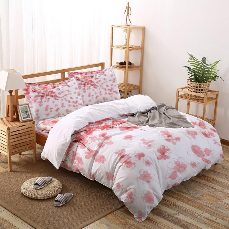 

Bedding Sets Pink Flower Sakura Cherry Blossoms Printing Set Duvet Cover Bed Linens Bedclothes Home Textile Full Queen King Size, As pic