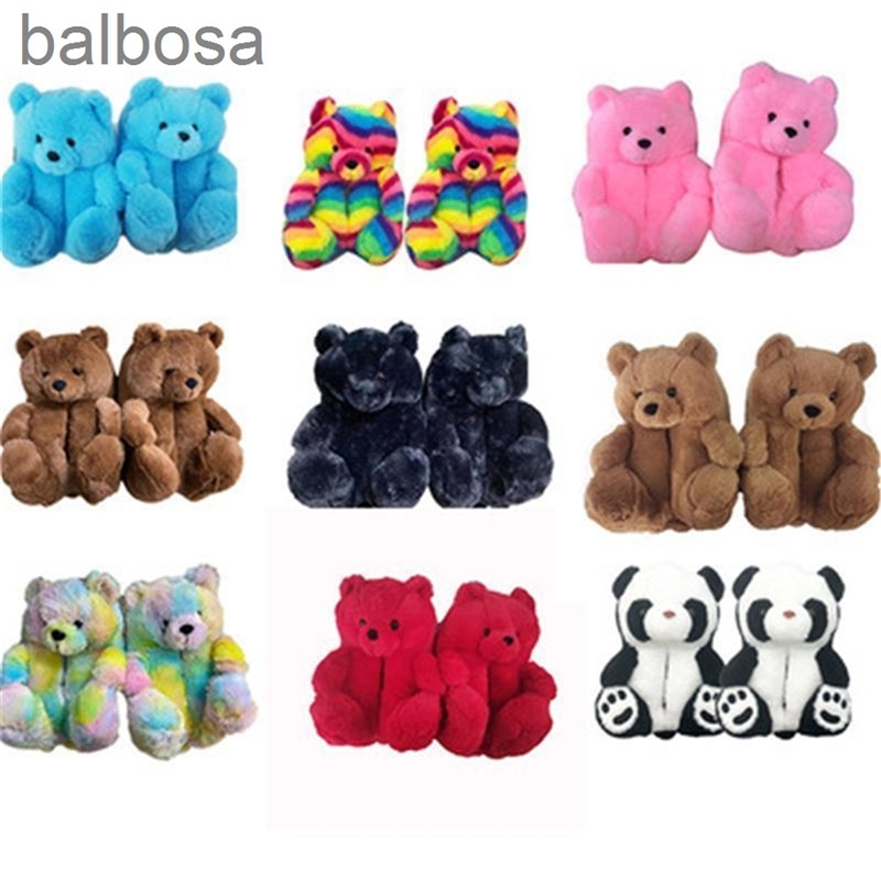 

Plush Teddy Bear House Slippers Brown Women Home Indoor Soft Anti-slip Faux Fur Cute Fluffy Pink Slippers Women Winter Warm Shoes