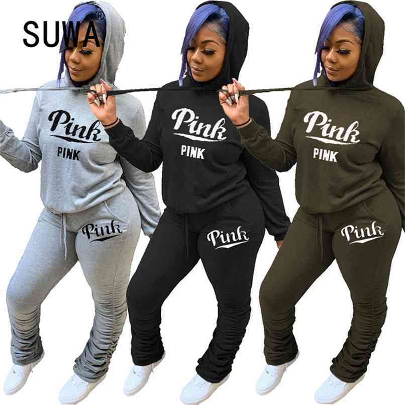 

Fall Winter Wholesale Product Casual Cool Girl 2 Piece Matching Sets Womens Pink Clothing Pullover Sweatshirt Top Trousers 210525, Black