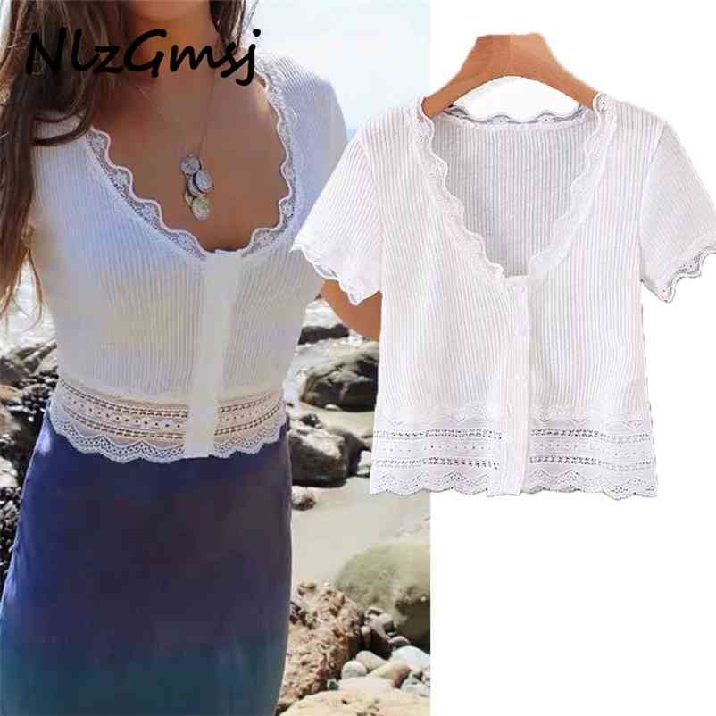 

Women T-shirt short sleeve top women's sexy low chest Lace Panel single breasted slim Mini 04 210628, As picture