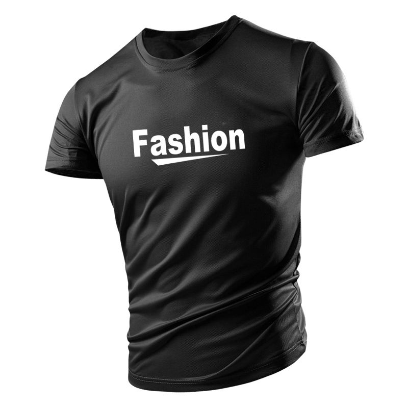 

Short-sleeved t-shirt men's quick-drying clothes summer black breathable letters summer sports ice silk shirt jersey, Black;yellow