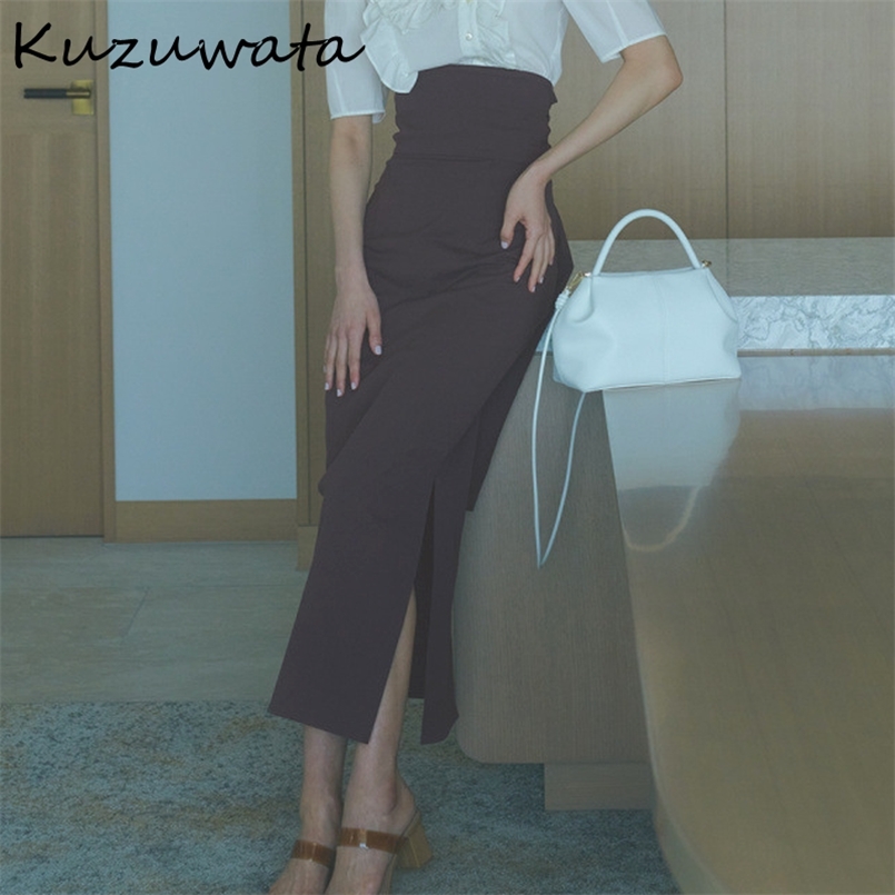 

Kuzuwata Summer Women Skirts High Waist Back Bandage Solid Split Fork Ankle Length Faldas Japan Style Elegant Jupe 210708, Khaki green
