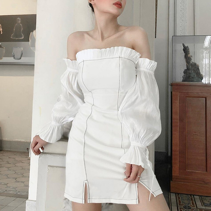 

2021 New Women Spring Slash Neck Patchwork Fashion Off Shoulder Long Sleeve Slim Autumn Lady Solid Split Mini Party Vestido Pj98, White