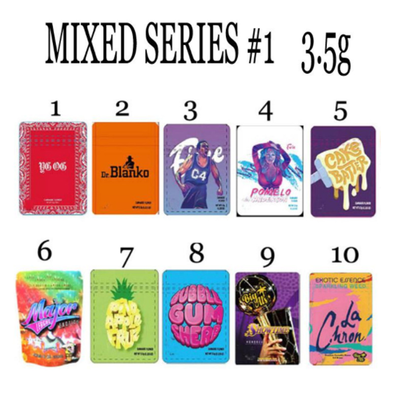 

3.5 grams mylar bags YG OG FIORE POMEMO ANDERSON C4 SEEDJUNKY CAKE BATTER BUBBLEGUM SHERB BIG.ALS SHOWTIME Cannatique The ten Seven leaves 77 packaging bag Doja
