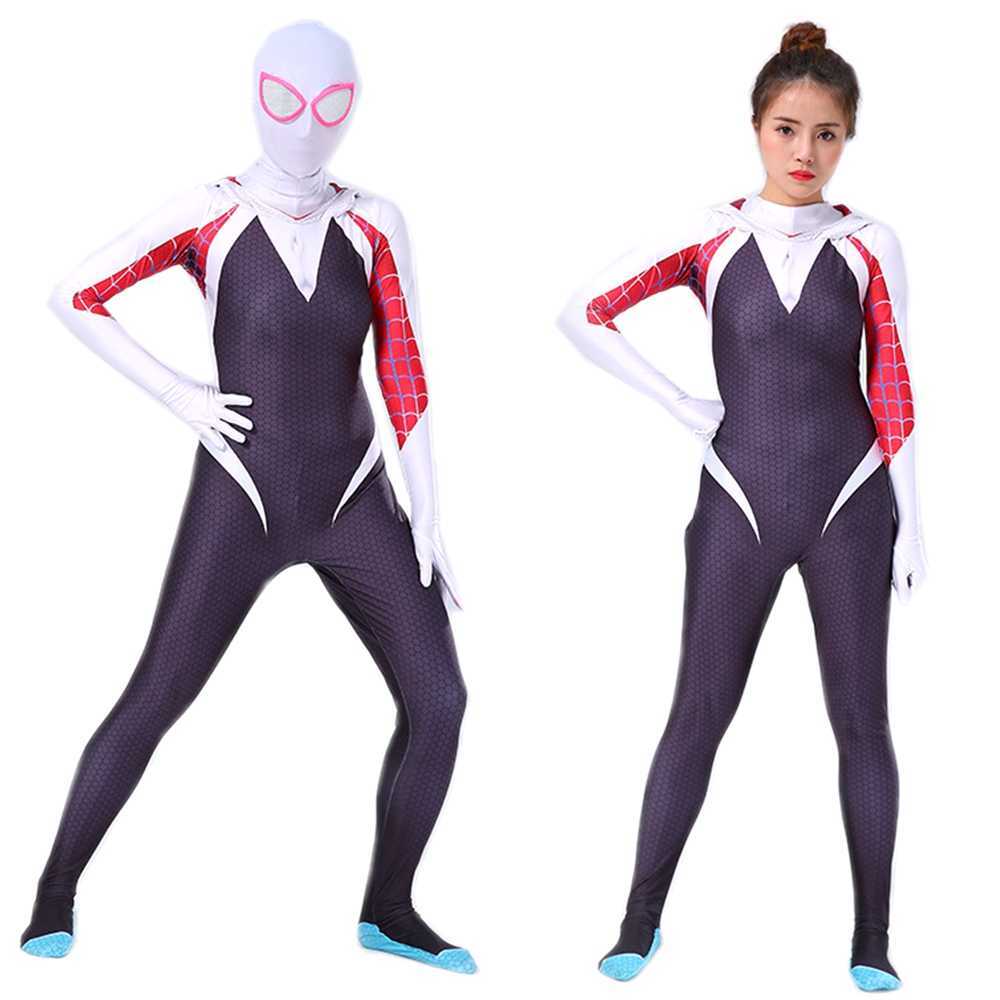 

Bazzery Spider Gwen Costume Stacy Cosplay Hoodie Zentai Into the Spider-Verse Adult Kids Bodysuit Skin Suit Halloween Cosplay G0925
