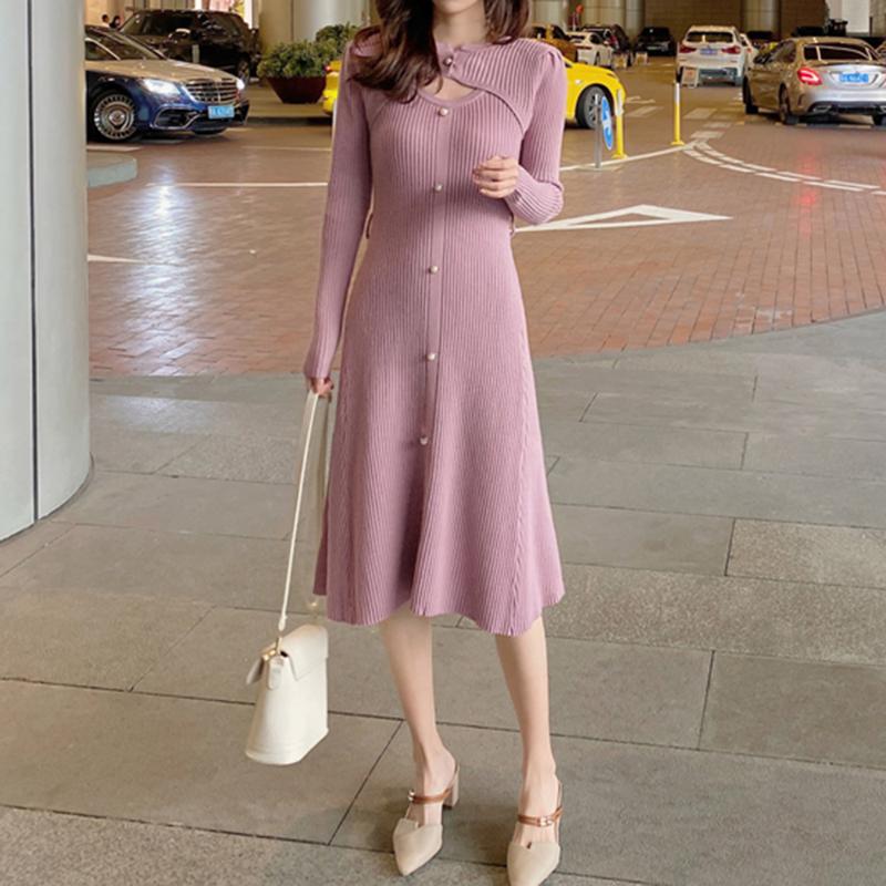 

Casual Dresses Korean Version Dress Ladies French Hollow Out Temperament Shawl Fake Two Fashion Long Sleeve Round Neck Hedging Sweater, Black