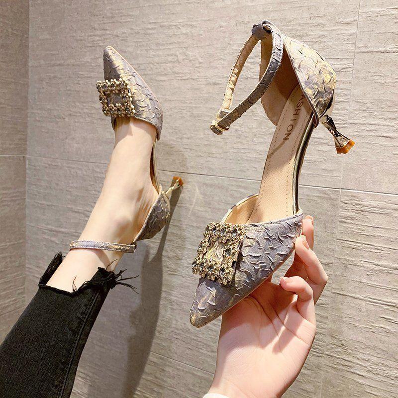 

Dress Shoes Women Sexy High Heels Sandals Metal Button Design Women's Cross Strap Bandage Lady Party Female Ankle Summer, Beige