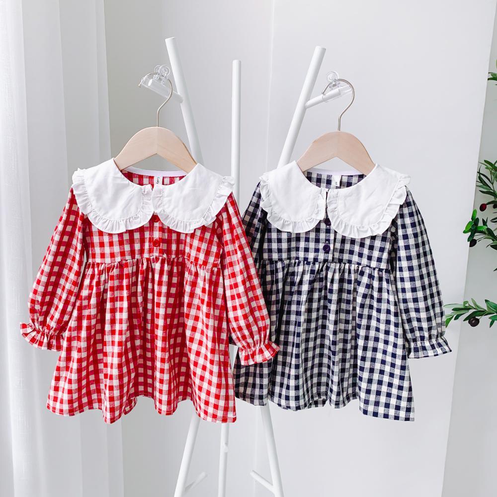 

2021 New Cute Autumn Baby Girls Long Sleeve Kids Clothes Plaid Peter Pan Collar Princess -6yrs Hot Sale Plk4, Red