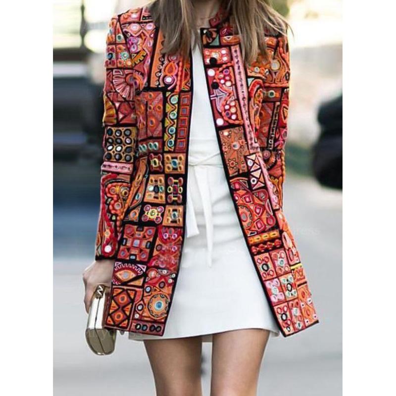 

Women' Jackets Digital Printing Long-sleeve Open Stitch Summer Ladies Coat Jacket Mid-length Intellectual Ethnic Thin Office Lady Women, Ruby green