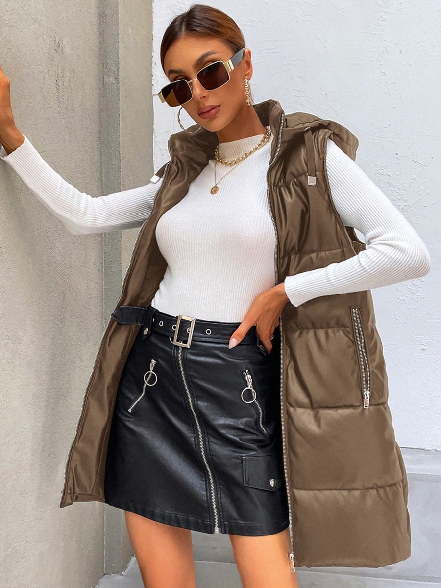 

Zip Up Drawstring Hooded PU Leather Puffer Vest Coat F8Om#, Mocha brown