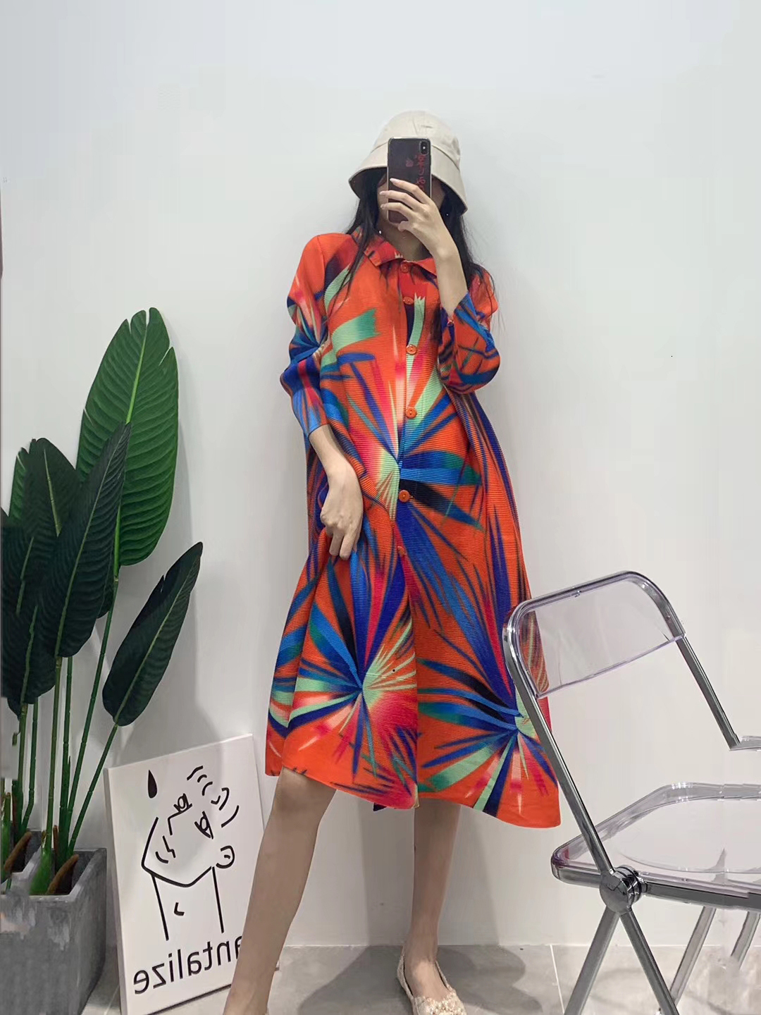 

2021 New Fall for Women Summer Pleated Aurora Print Turn-down Collar Button Plus Size Fashion Indie Clothes Y1lp, Orange