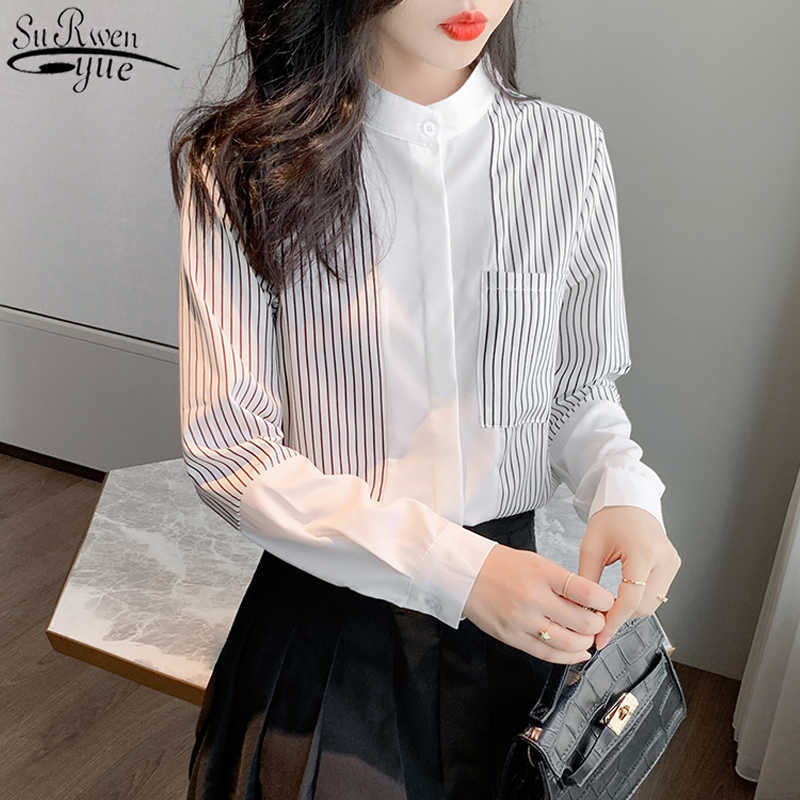 

Vintage Striped Shirts Chic Women Blouses Fashion White Shirt Autumn Long Sleeve Chiffon Blouse Office Lady Ropa De Mujer 10902 210527