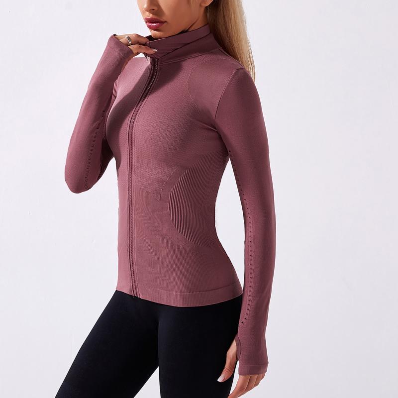 

40# Zipper Running Yoga Shirts Women' Gym Solid Color Quick-drying Seamless Yoga Wear Cardigan Long Sleeve Wear Shirts, Bk