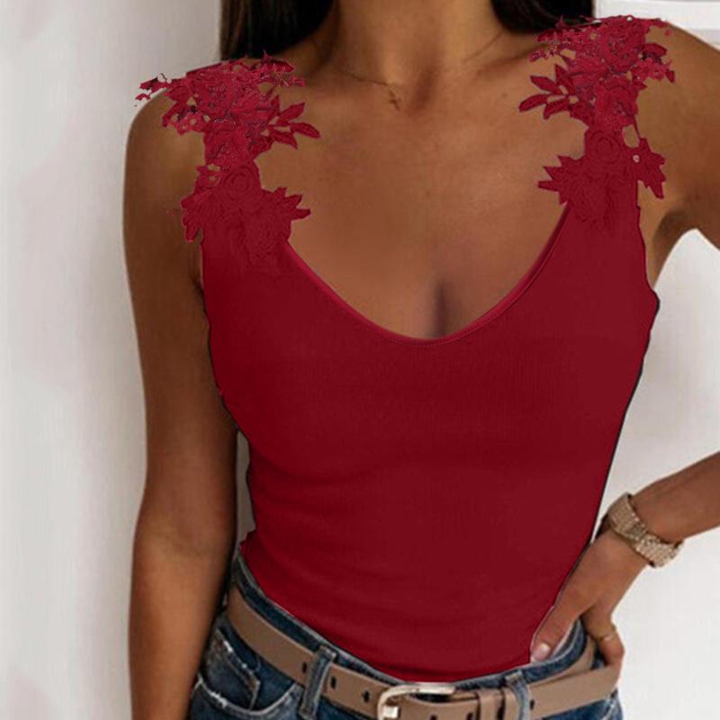 

Women's Tanks & Camis Sexy V-Neck Lace Vest Sleeveless Women Summer Slim Casual Tees Plus Size Solid Color Ladies Splice T-Shirt Tops S-2XL, White