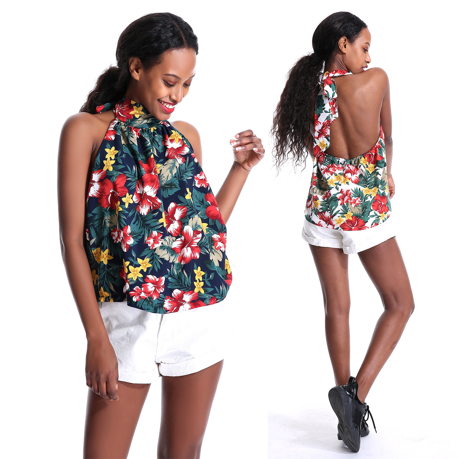 

2021 New Print Floral Tank Top Sexy Off Shoulder Halter Shirts Women Summer Streetwear Casual Green Flower Tops Female Backless Ewld, White