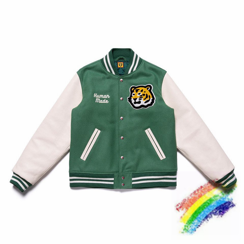 

Just Good Quality Green Patchwork Baseball Jacket Men Women Pattern Leather Sleeve Coat