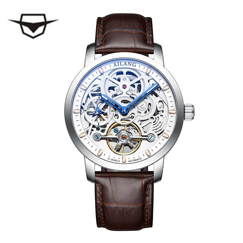 

Wristwatches AILANG Fashion MenTop Brand Tourbillon Watches Brown Leather Watch Waterproof Steampunk Automatic Mechanical Skeleton, Black