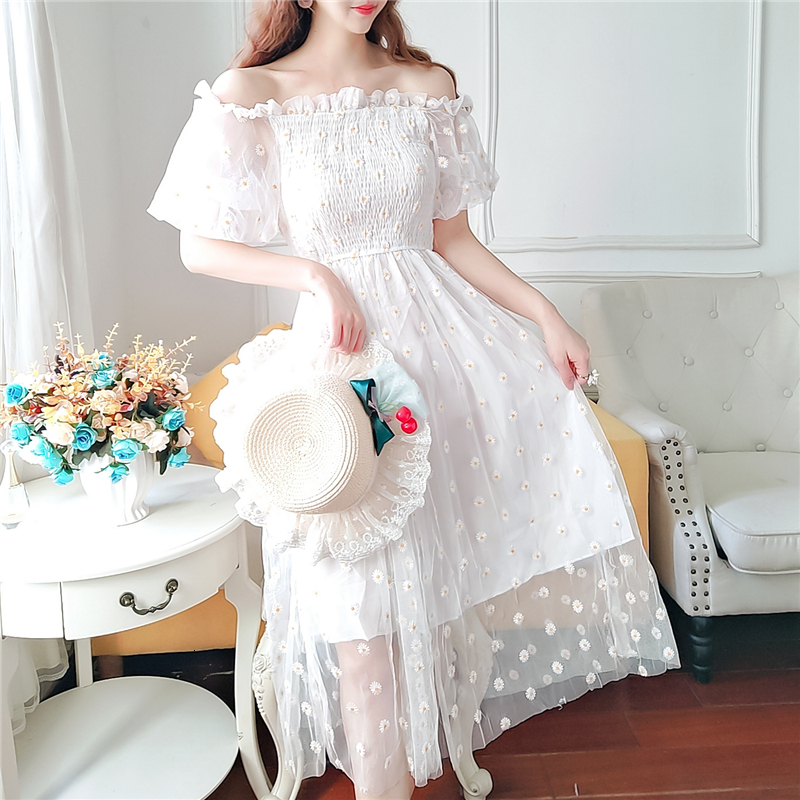 

2021 Summer Floral French Elegant Lace Chiffon Embroidered Korean Style Slim Fit Midi Women New Vqw5, Pink