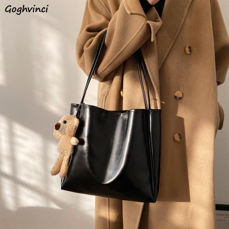 

Shoulder Bags Women Solid Tote Bag Large Capacity Handbag New Spring Simple PU Leather Designer Students Harajuku Ulzzang Daily, Black no bear