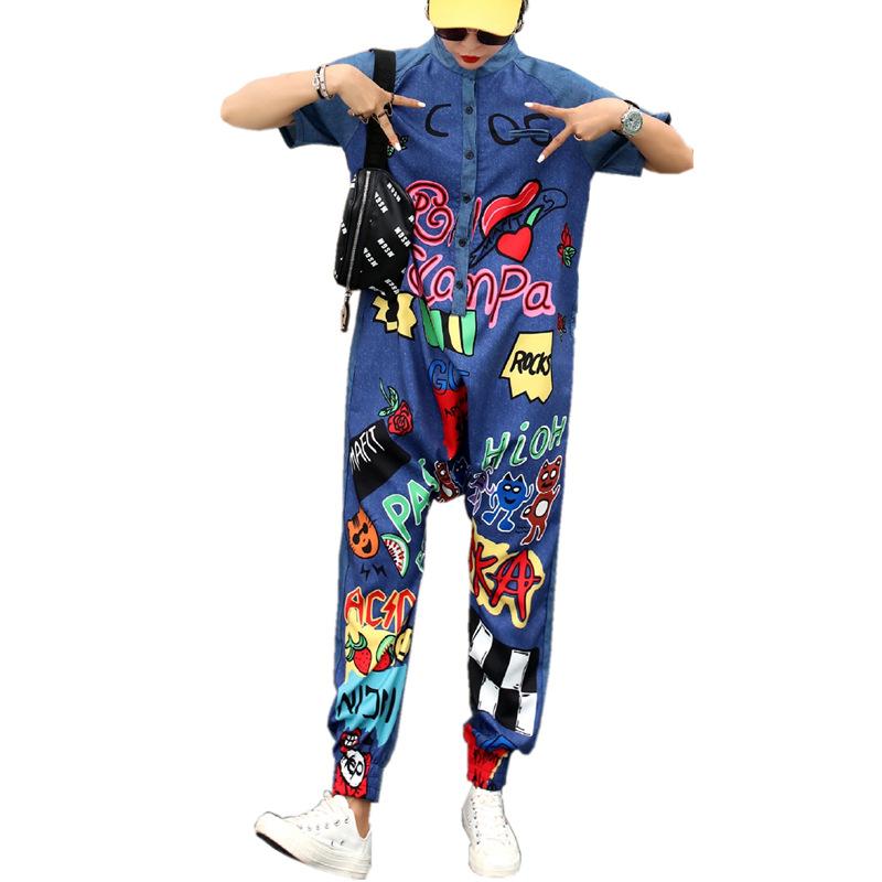 

Women's Jumpsuits & Rompers QING MO Summer Women Graffiti Jumpsuit 2021 Funny Printed Female Hip Hop Streetwear ZQY3593, Picture color 1