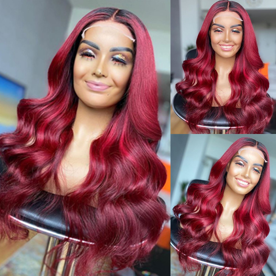 

Ombre Human Hair Silk Base Lace Front Wig Body Wave Burgundy Two Tone 1B 99J Glueless 13x6 Lace Front Wigs Ombre Hair Wig, Black;brown