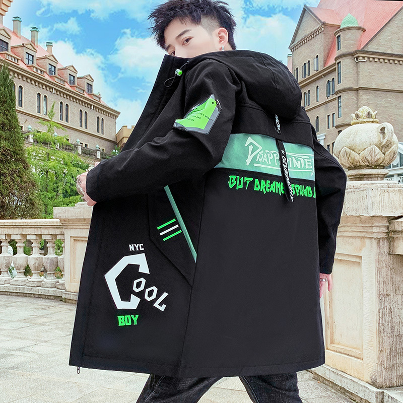 

2021 New Long Jacket Men Autumn Print Fashion Harajuku Windbreaker Casual Overcoat Male Outwear Youth Hip Hop Streetwear Coats 8dtr, Black