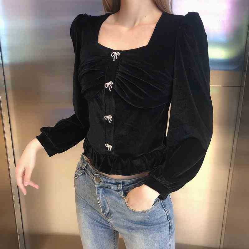 

Women Fashion Velvet Tops Long Sleeve Crop Shirt Square Collar Slim Ruffles Short Blouse 210525, Black