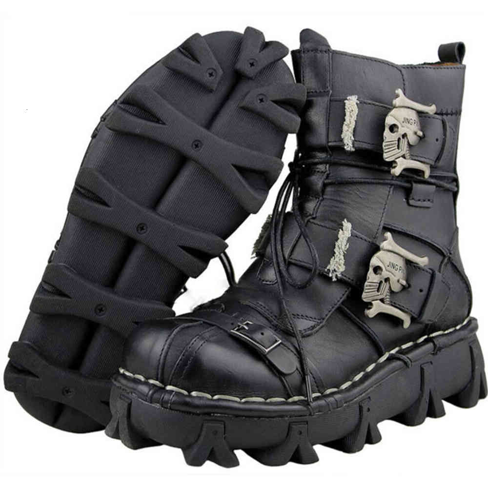 

Men cowhide Leather Motorboots Military Combat Gothic Schedel Punk Laarzen, Brown.