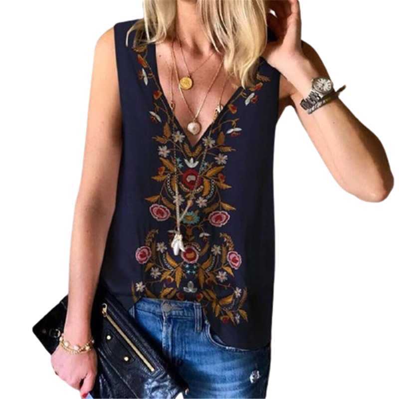 

Plus Size Folk Print Women Tank Tops Summer Beach Tee Sexy Sleeveless V-neck Chiffon Loose Casual Female Vest 210526, Dark gray