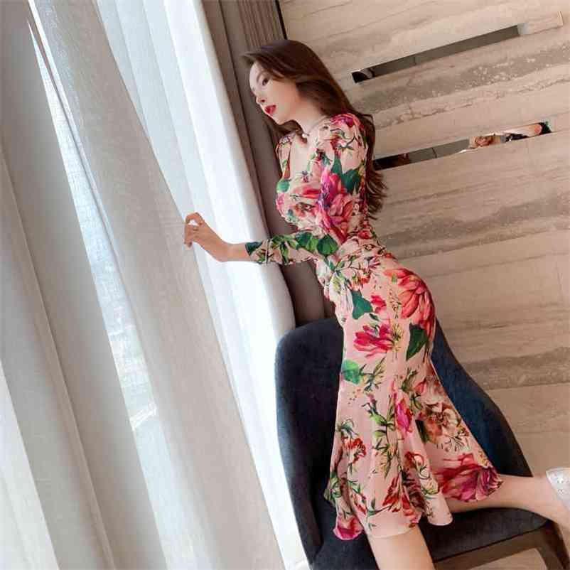 

autumn European and American women's retro print slim fishtail dress with hips 210603, Green