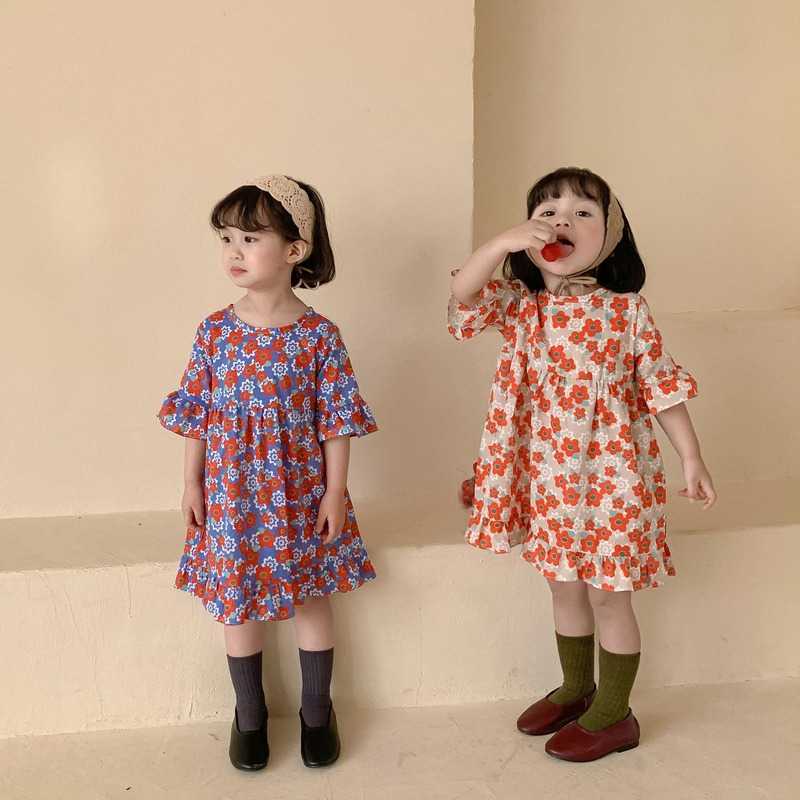 

Korean style baby girls floral short sleeve princess dresses cotton loose casual dress 210615, Blue