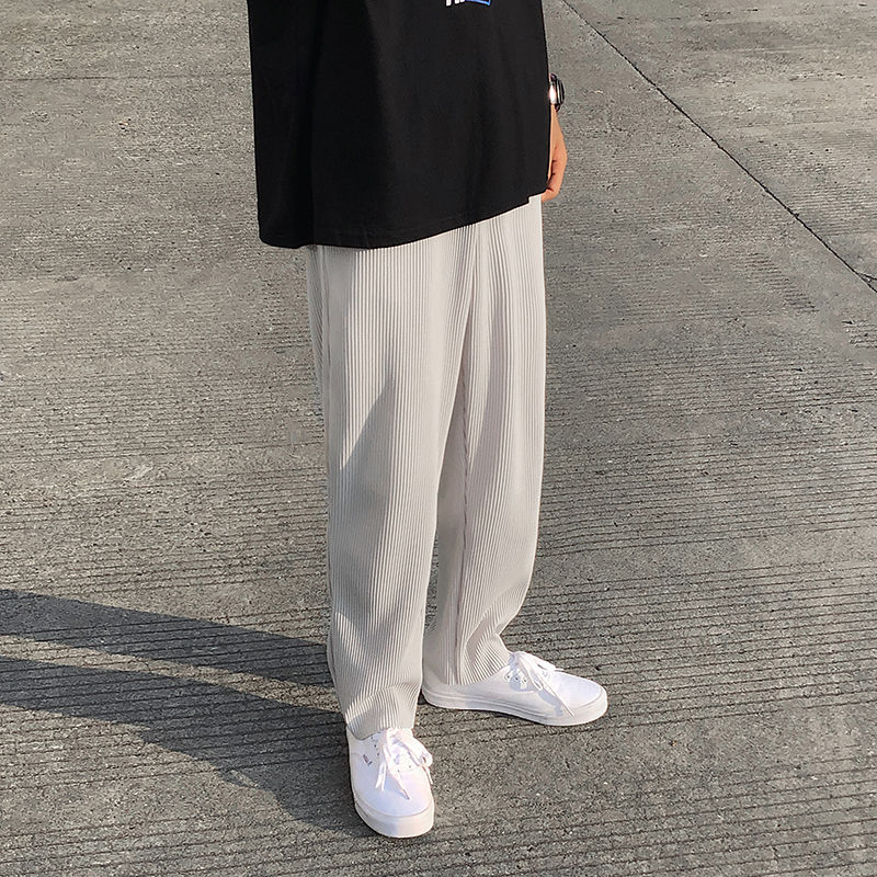 

Pleated Straight Pants Men' Fashion Elastic Waist Casual Pants Men Streetwear Loose Ice Silk Trousers Mens Wide Leg Pants -2XL, Black