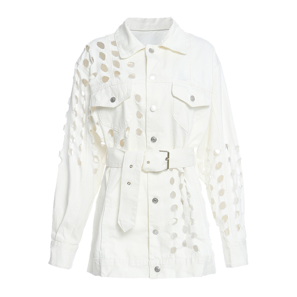 

2021 Autumn Coat Out Hole Project Down Collar Women Denim Braso Jacket Chaqueta Mujer U34f, White