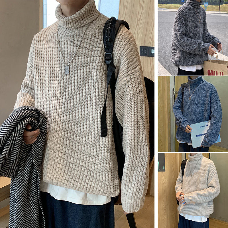 

2021 New Winter Turtleneck Warm Fashion Retro Casual Solid Color Knit Pullovers Men Loose Korean Knitting Sweaters Mens Clothes M-3xl L2hp, Blue